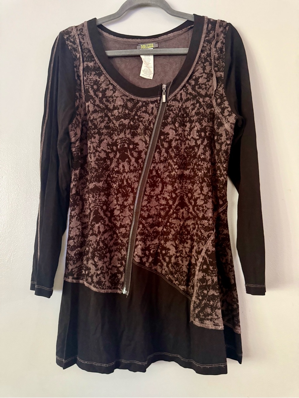 Dolcezza Textured Knit Asymmetric Zip Long Sleeve Tunic Top Artsy